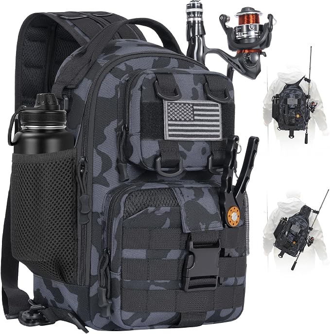GMAK Fishing Backpack Tackle Sling Bag, Tactical Fishing Tackle Backpack with Rod & Gear Holder, Lightweight Outdoor Water-Resistant Tackle Gear Pack Shoulder Bags for Men Women, Black Camo