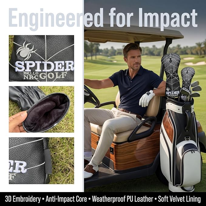 Vesperlux Spider Golf Headcovers Driver Wood Hybrid Iron | Waterproof Leather, Magnetic Putter Cover, Anti-Slip Fit, Full Protection, Durable, Fits Alignment Stick, Men's Golf Gift