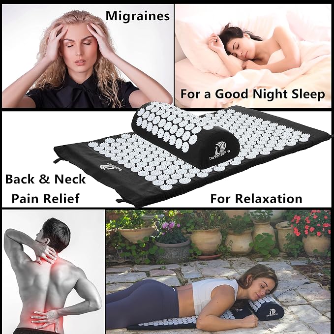 Acupressure Mat & Pillow Set - Acupressure Therapy for Back and Neck Pain Relief, Sciatica, and Pressure Point Aches, Ideal Acupuncture Mat for Sleeping Aid & Recovery (Black)