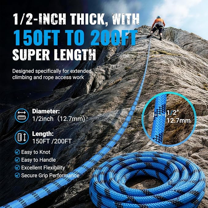 1/2Inch Arborist Rope 150Ft - 9000lbs Heavy Duty Nylon Rope Rappelling Rope, Double Braided Arborist Bull Rope for Tree Work, Hiking, Rigging, Pulling, Swing, Caving, Sailing - Blue