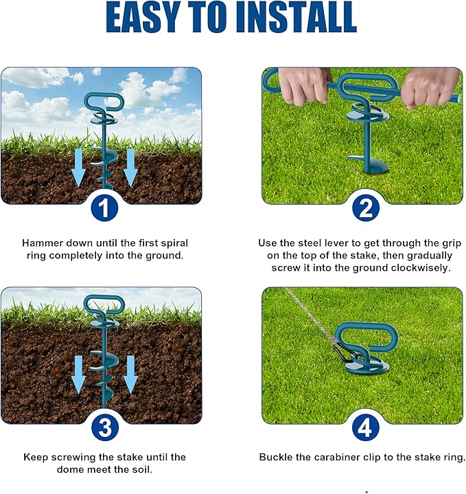 Eurmax USA Ground Stakes - Heavy Duty in Ground Anchor for Large Dogs up to 210 Lbs, Secure No-Tangle Pet Runner for Yard, Beach & Camping, Quick Easy Install Dog Tie Out Stake(Navy Blue)