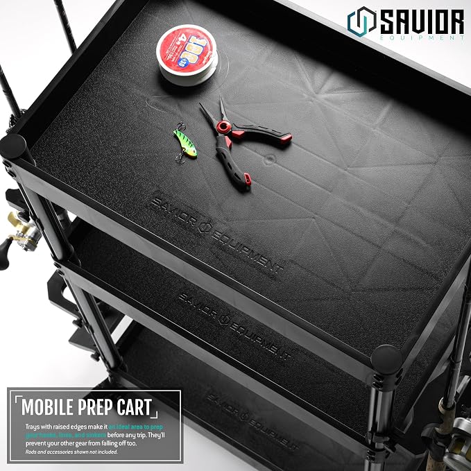 Savior Equipment Mobile Tackle Station 16 Fishing Rod Holder Cart w/Wheels, Adjustable Rack For Different Rod & Reel, 3-Level Fishing Gear Storage Pole Organizer For Garage Home Indoor Use, Black