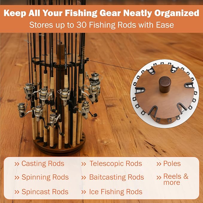 Rush Creek Creations Fishing Rod Holder - 360 Spinning Rack for Garage Organization and Storage, Pole Holder for Reels, Gear, Accessories, Tackle Box