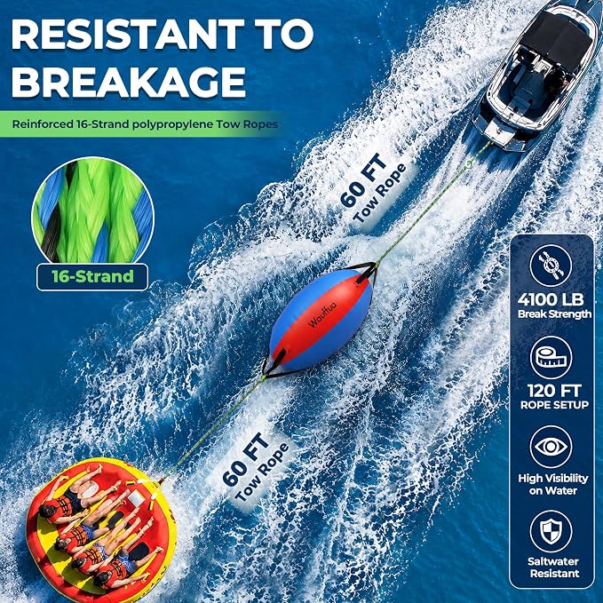 Towable Tube Rope Booster Ball, Tow Rope for Boat Tubing, 2 x 60 ft Rope for Lift and Visibility with 4100lb Break Strength for Boating, Water Sports