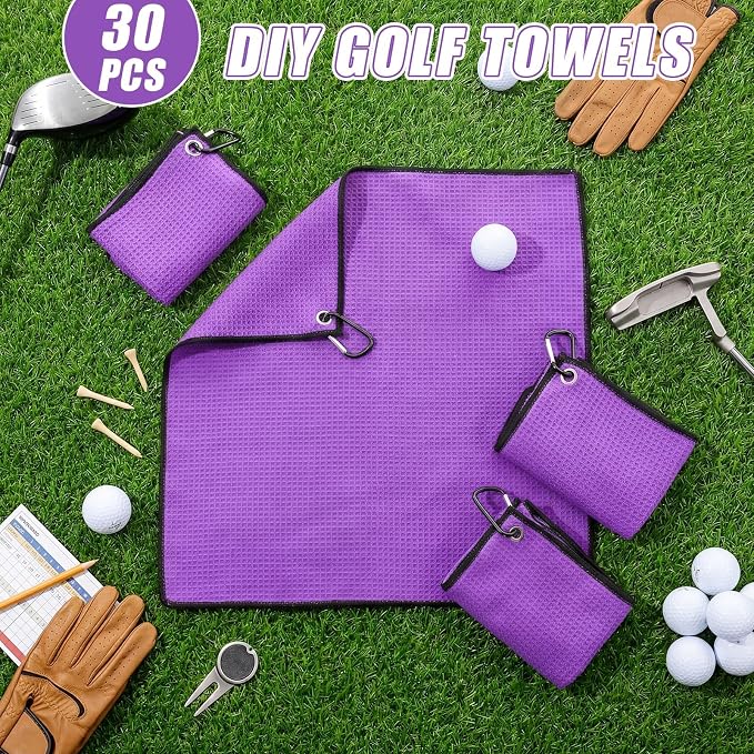 Batiyeer 30 Pcs Golf Towels Bulk for Bags 16'' x 16'' Microfiber Fabric Golf Towel with Clip Waffle Pattern for Men Mini Tournament Fitness Yoga Camping (Purple)