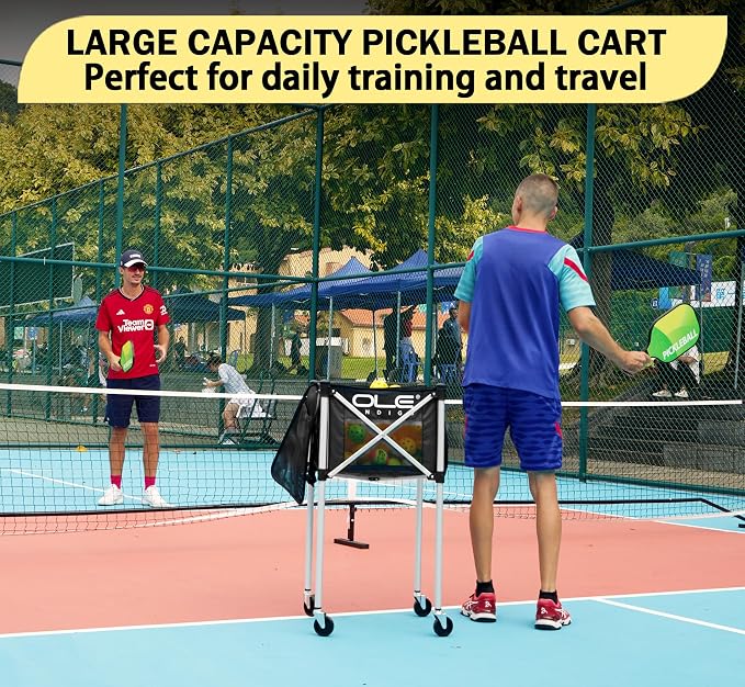 Pickleball Cart with Wheels, Foldable Tennis Ball Hopper Holds 180 Pickleballs or 210 Tennis Balls, Portable Ball Caddy with Side Storage Bag for Pickleball Training