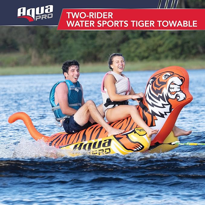 Aqua Pro Giant Towable Tiger Tube, 1-2 Riders, Double-Pontoon Inflatable Tiger Boat Tube, Orange/Yellow