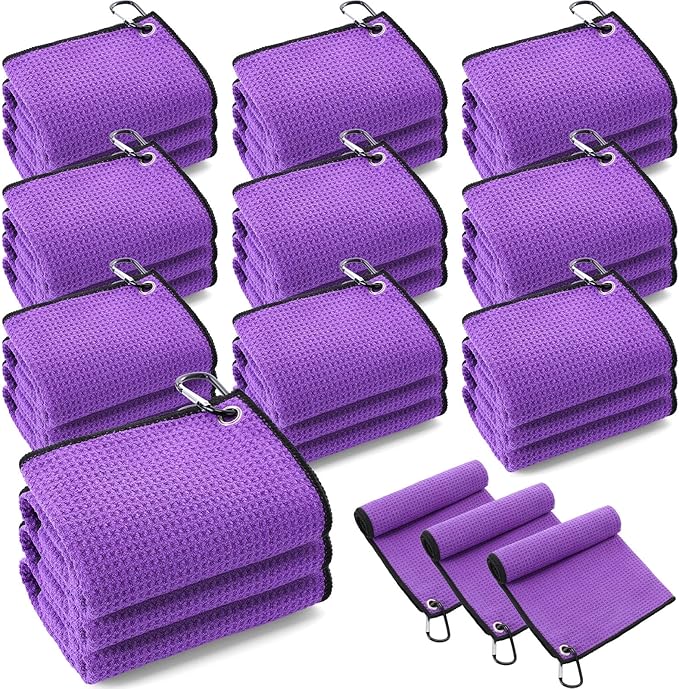 Batiyeer 30 Pcs Golf Towels Bulk for Bags 16'' x 16'' Microfiber Fabric Golf Towel with Clip Waffle Pattern for Men Mini Tournament Fitness Yoga Camping (Purple)