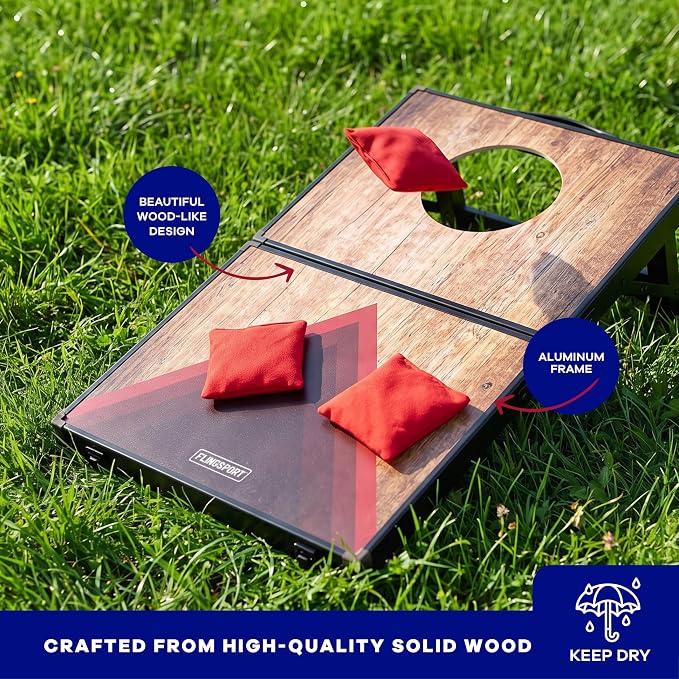 Flingsport Cornhole Board Set 24"x15" - 2 Boards Portable Corn Hole Set - Solid Plywood Tops with Aluminum Frame & Legs - Travel Cornhole Boards - Includes 8 Bean Bags, Travel Case & Game Rules