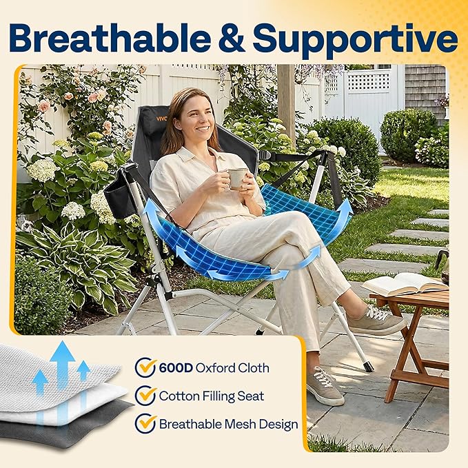 VIVOHOME Hammock Camping Chair, Portable Outdoor Swinging Rocking Chairs for Adults with Adjustable Pillow, Back and Height for Travelling, Backyard, Patio, Supports 400 lbs, 600D Breathable Mesh