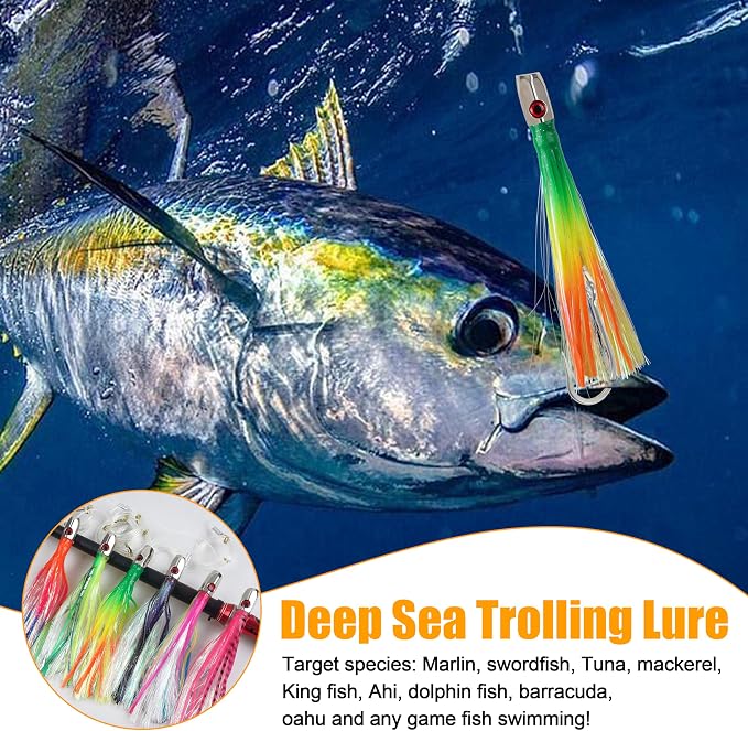 Trolling Lures Saltwater for Tuna Mahi Marlin Wahoo Dolphin Shark Offshore Trolling Baits with Squid Skirt Big Game Fishing Lures Deep Sea Squid Skirts Rig 6/9 inch