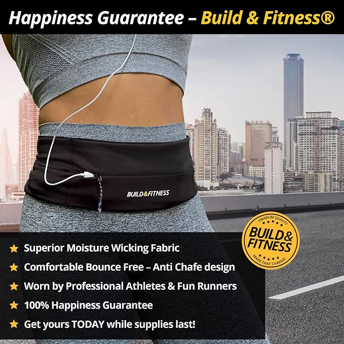 BUILD & FITNESS Zipper Running Belt – Adjustable Waist Pack, Slim, Light, YKK Zip, Secure Key Clip – Fits ALL Cell Phones, Keys, Cards, GU's – For Men & Women – Fitness, Run, Jog, Gym, Cycle, Hiking