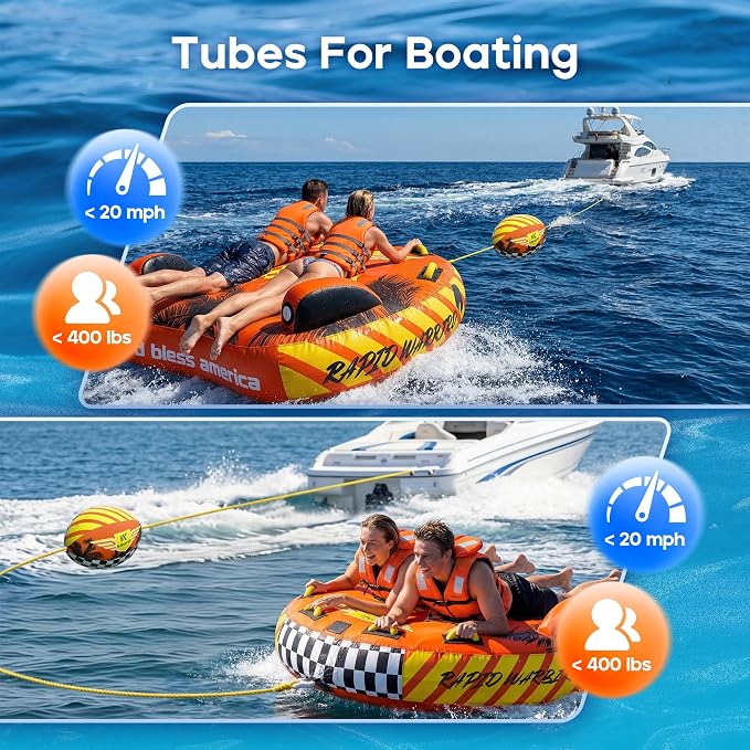 Towable Tubes for Boating - 2-3 Person Shark Battle Tank, Boat Tubes & Towables, EVA Foam Pads, Drainage, Super Safe Handle, Quick Connector