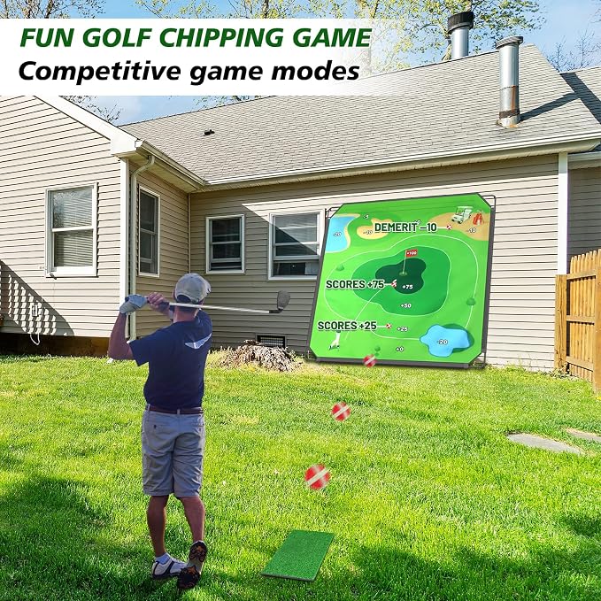 BaiYuan Portable Golf Chipping Game Set for Dads & Junior Golfers - Indoor, Outdoor Backyard & Lawn Fun with 24 Sticky Balls, Putting Mat, 2 Putter & Carry Bag - Easy Setup Family Golf Gifts