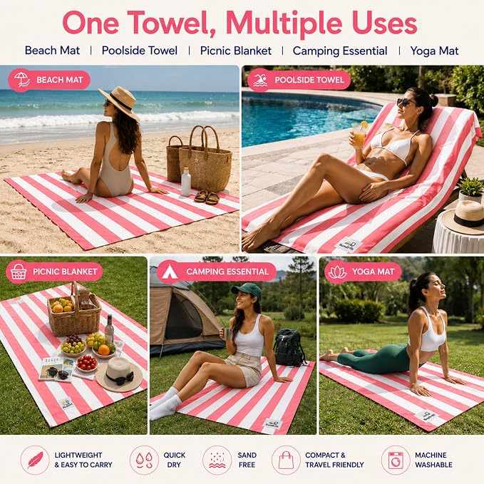 Oversized Microfiber Beach Towel 71x36 Inch, Quick Dry Sand Free Travel Towel, Lightweight Sueded Beach Blanket for Pool, Camping, Yoga & Beach Trips (Pink/White)