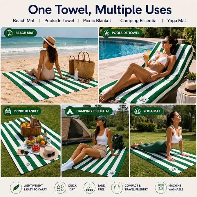 Oversized Microfiber Beach Towel 71x36 Inch, Quick Dry Sand Free Travel Towel, Lightweight Sueded Beach Blanket for Pool, Camping, Yoga & Beach Trips (Green/White)