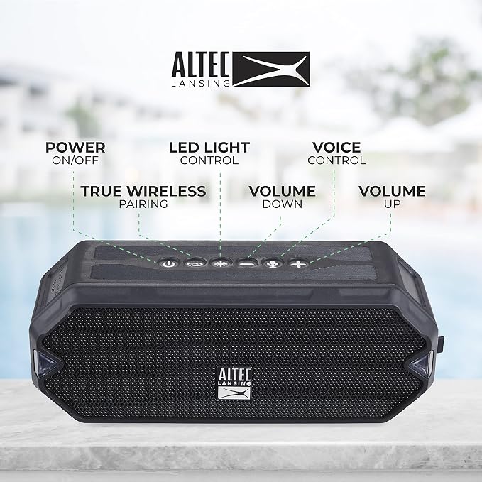 Altec Lansing - HydraJolt Wireless Bluetooth Speaker, Waterproof Portable Speakers with Built in Phone Charger and Lights, Everything Proof Outdoor, Shockproof, Snowproof, 16 Hours Playtime