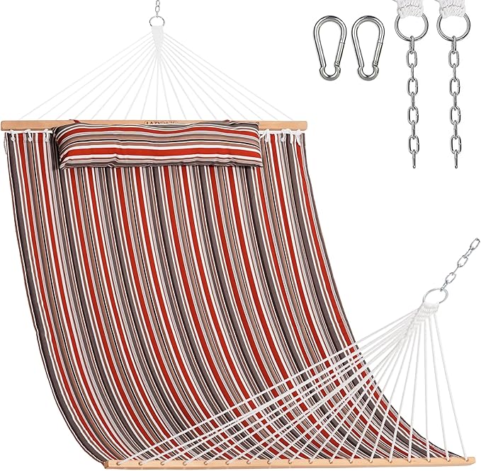 Lazy Daze Hammocks 12 FT Quilted Fabric Double Hammock with Spreader Bars and Detachable Pillow, 450lbs Weight Capacity, Red Brown