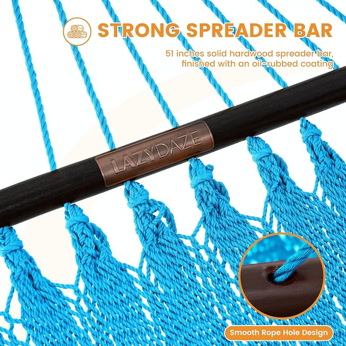 Lazy Daze Hammocks 10.5 FT Double 2 Person Caribbean Rope Hammock, Hand Woven Polyester Hammock with Spreader Bars, for Outside Outdoor Backyard Patio Poolside, 450 LBS Capacity, Sky Blue