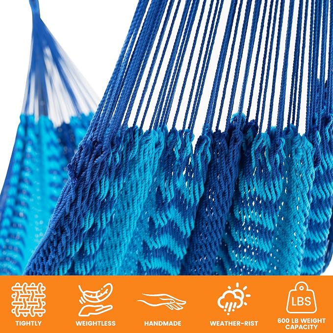 Lazy Daze Hammocks Handwoven XL Mayan Hammock, 10.5 FT Soft Rope Double Hammocks, Portable Outdoor Hammock with Carry Bag, 2 Straps & Carabiners for Patio Outside, 550 lbs Capacity, Blue/Dark Blue