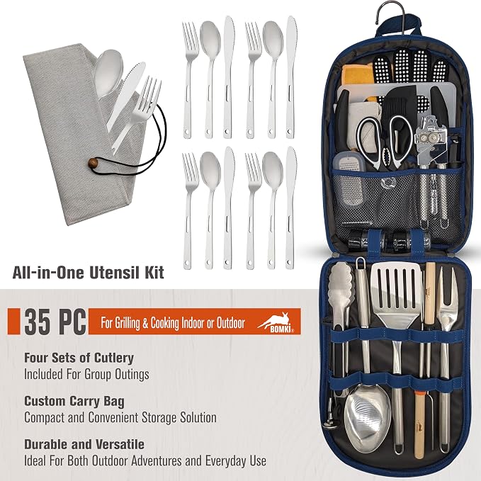 BOMKI Grilling & Camping Cooking Utensils - BBQ & Camp Kitchen Set - Cookware Accessories - Camping Essentials (Blue Pro)