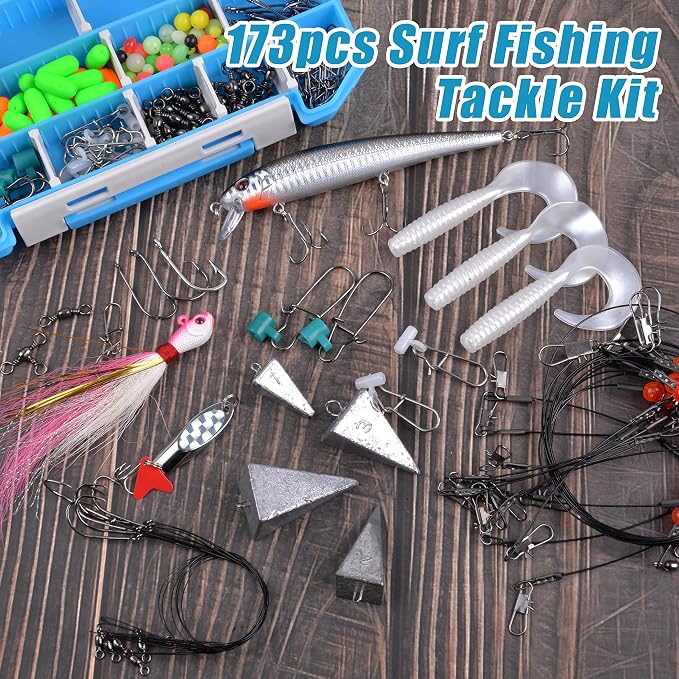 Surf Fishing Tackle Kit, 173pcs Saltwater Fishing Gear with Pyramid Sinkers Fish Finder Rigs High-Low Rigs Pompano Rigs Wire Leaders Hooks Bucktail Jig Lures for Striper Flounder Catfish