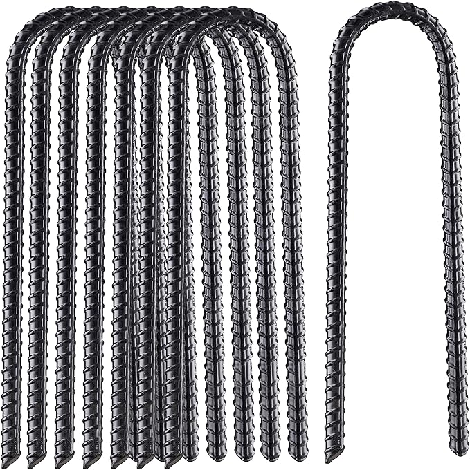16” Extra Heavy Duty Trampoline Anchor Rebar Stakes U Shape, 1/2" Diameter Black Powder Coated Rebar Steel - Set of 8 Ground Anchors for Camping Tent - Garden Staples – Sharp End