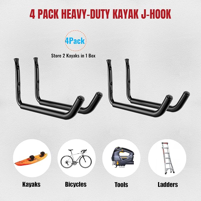 4 Pack Kayak Wall Mount Rack, Heavy Duty 120 LBS Garage Storage Hooks, 15 Inch Wide Utility Hangers for Canoe, SUP, Surfboard, Ladders, Lumber & Tools (Black)