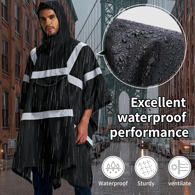 SRsafety Hi Vis Rain Poncho,High Visibility Rain Ponchos for Adults with Pocket,Safety Rain Jacket Stowable Conjoined Cap