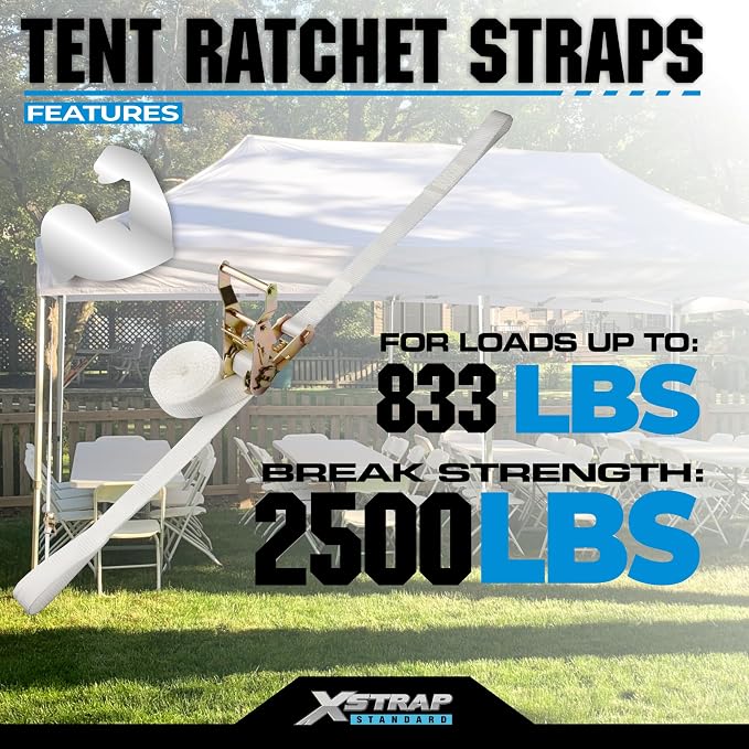 XSTRAP Standard 4PK 1" Ratchet Tent Straps with Loop End - Heavy Duty 2500lbs Breaking Strength, Secure Tents & Canopies for Camping/Events, 12ft Tie Down Straps, Durable Polyester Webbing