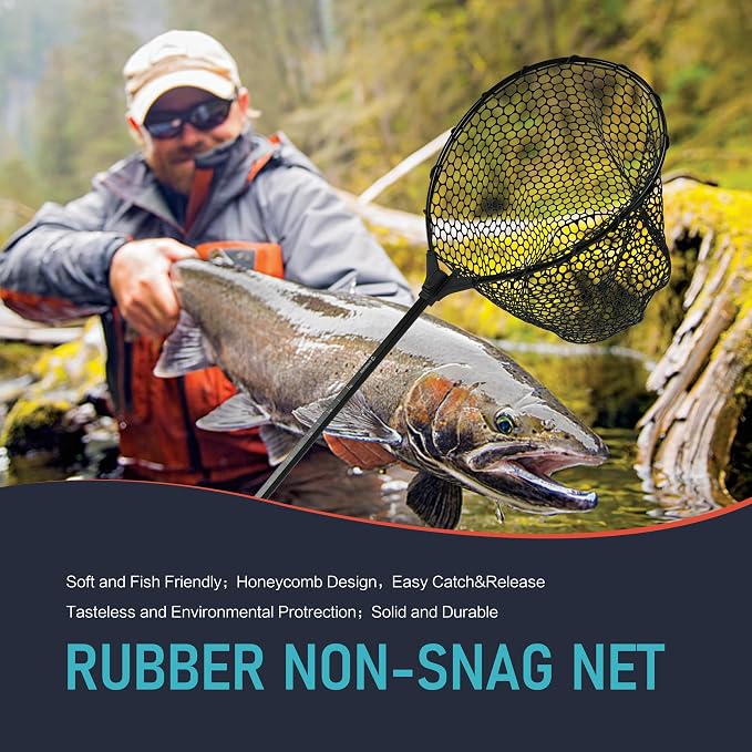 Black Paw Fish Landing Net with Soft Rubber Mesh Bag, Large Fishing Net with Built in Length Scale, Extend to 36-55 Inches