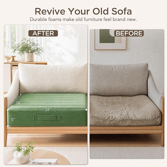 Codi Thick Replacement Couch Cushions 2 Sets, Upholstery Foam with Washable Covers for Sofa Cushion Chair Meditation - 24 × 24 × 5 Inch, High Density Foam, Green