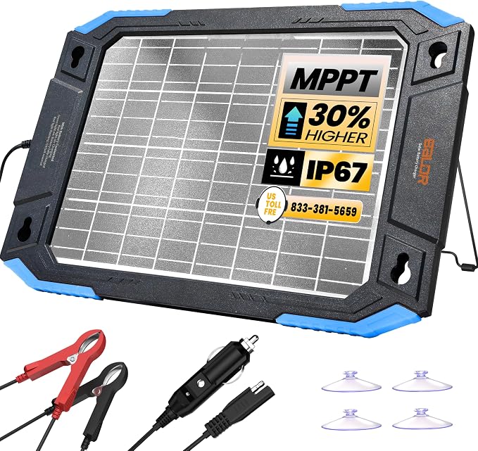 BALDR 12V Solar Battery Charger, 13W Waterproof Dual Sided Battery Maintainer, IP67 MPPT Trickle Charger for Car, Trailer, Lawn Mower, Boat