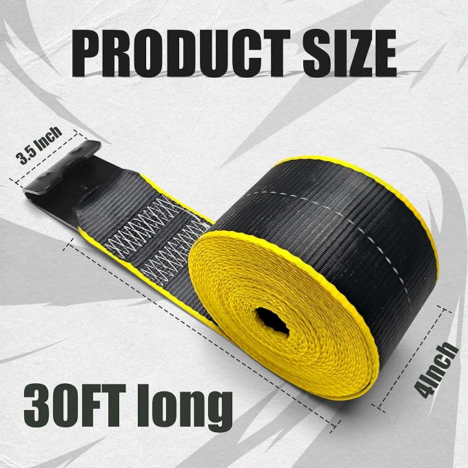 KJE 10 Pack Reflective 4 Inch Straps for Flatbed Trailer, 4" x 30' Black Heavy Duty Tie Down Truck Strap, WLL# 5,500 lbs w/Flat Hooks Winch Straps, Cargo Control for Flatbed Truck