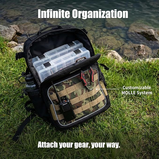 35L Tactical Fishing Backpack, Waterproof Tackle Backpack with 2 Rod Holders and 50+UV Protection Arm Sleeves,2LB Lightweight Fishing Bag, Daypack for Hiking, Hunting, Camping
