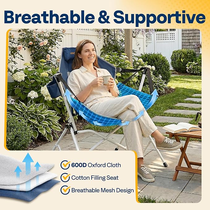 VIVOHOME Hammock Camping Chair, Portable Outdoor Swinging Rocking Chairs for Adults with Adjustable Pillow, Back and Height for Travelling, Backyard, Patio, Supports 400 lbs, 600D Breathable Mesh