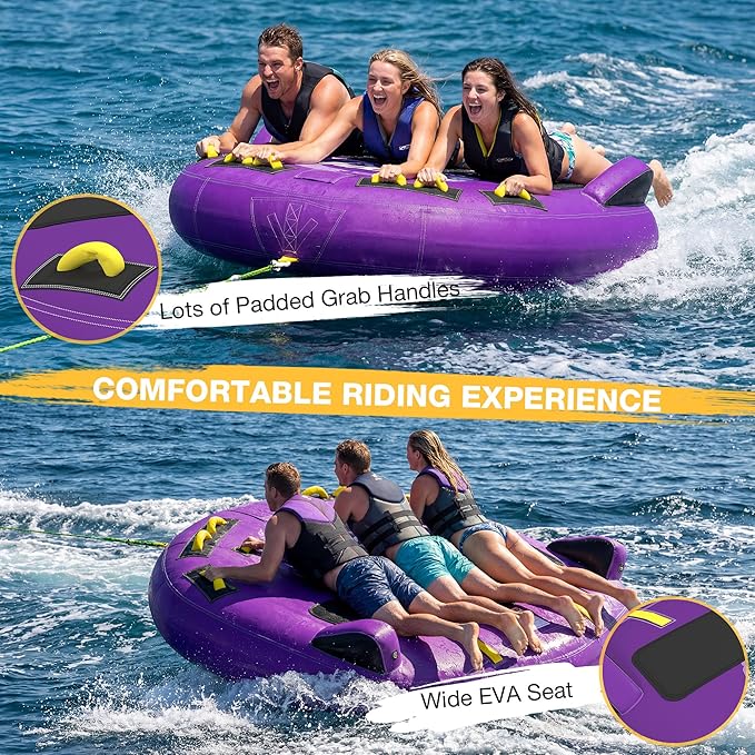 3-Person Deck Towable Tubes for Boating with Winged Side Bolsters and Towable Rope, Padded Bolster Guard Handles & Quick-Connect Tow Point