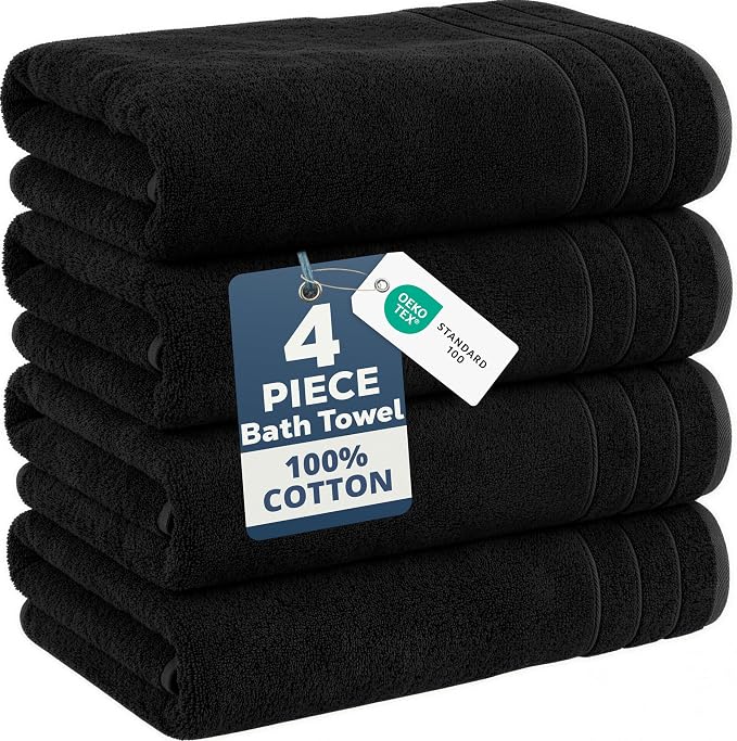 Casa Platino 100% Cotton Bath Towels 4 Pack (30"x60") - Ring Spun Mercerized Cotton Large Towel Set for Bathroom - Quick Dry, Soft & Absorbent Large Bath Towel Set - Oeko Tex Certified - Black Towels