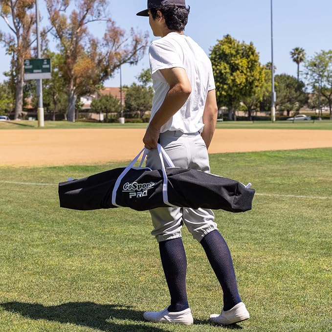 GoSports 7 ft x 7 ft Baseball & Softball Nets - Red, Black, Drip or PRO - Practice Hitting & Pitching Net with Bow Type Frame, Carry Bag and Strike Zone, Great for All Skill Levels