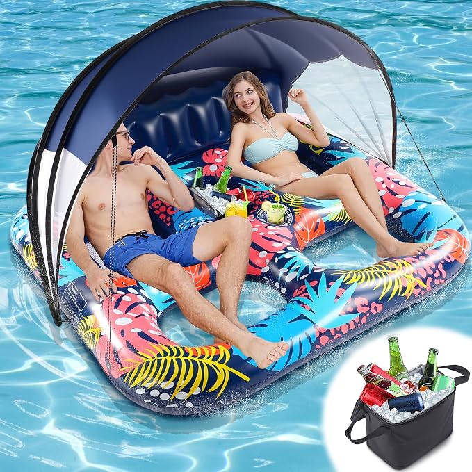 2-Person Inflatable Pool Floats Adult Heavy Duty, 71" x 61" Pool Lounger Float with Cup Holders & Backrest & Removable Insulated Cooler, Thickened Swimming Raft for Pool Party, Lake, Beach, River