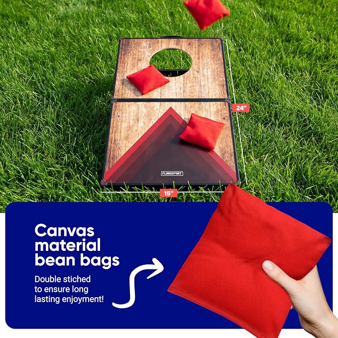 Flingsport Cornhole Board Set 24"x15" - 2 Boards Portable Corn Hole Set - Solid Plywood Tops with Aluminum Frame & Legs - Travel Cornhole Boards - Includes 8 Bean Bags, Travel Case & Game Rules
