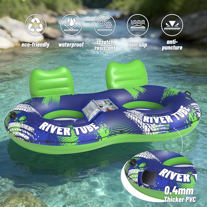 JOSEN Inflatable River Tube Float - 2 Person Heavy Duty River Float, Pool Floats Adult, Lake River Floats Water Tubes for Floating with Removable Cooler & Cupholders for Summer Relaxation