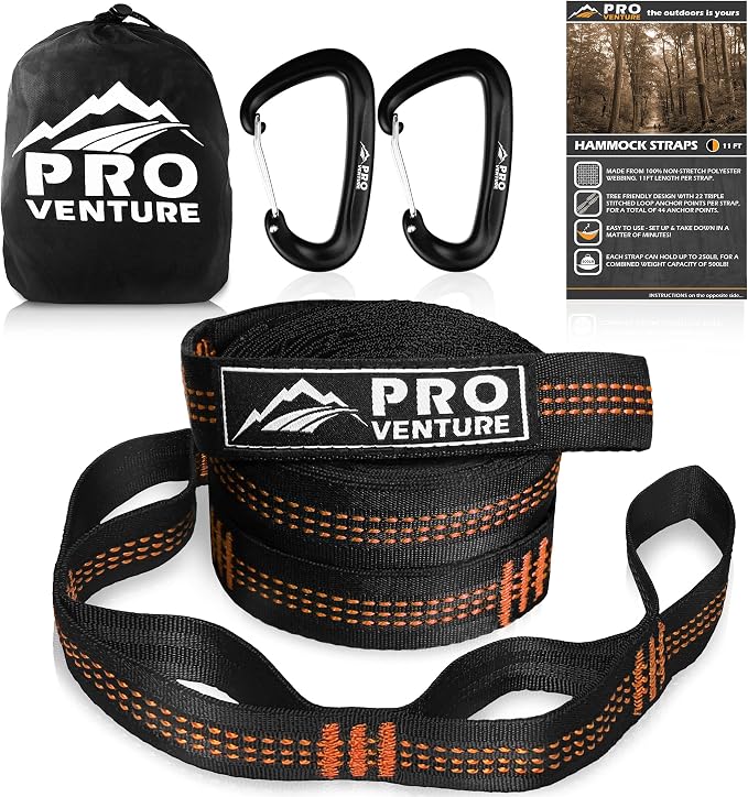 Hammock Straps and Carabiners Set | 22 Feet Total, 44+2 Loops | 1200lbs Breaking Strength (500lbs Rated) | Non-Stretch, Lightweight, Portable - Quick Setup | Heavy Duty, Tree Friendly