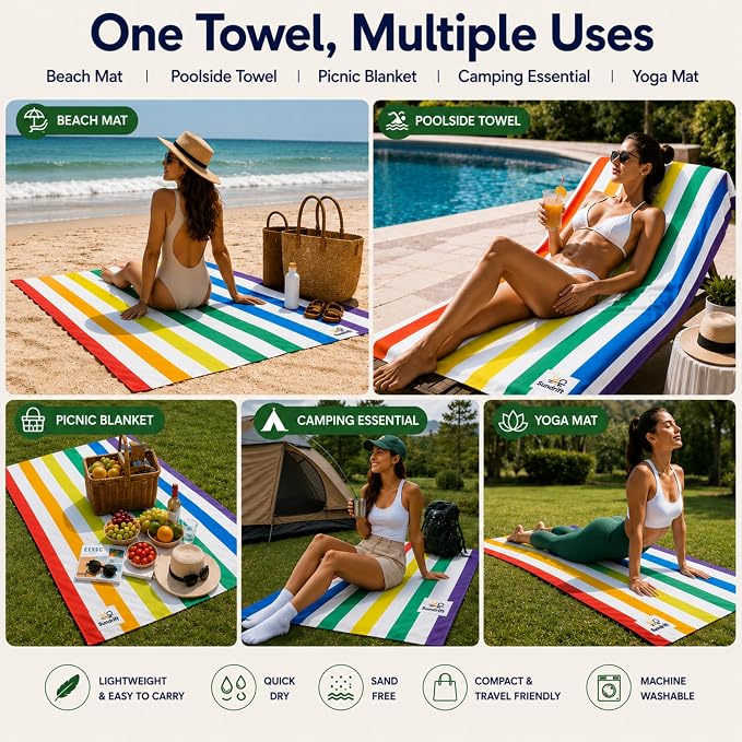 Oversized Microfiber Beach Towel 71x36 Inch, Quick Dry Sand Free Travel Towel, Lightweight Sueded Beach Blanket for Pool, Camping, Yoga & Beach Trips (Rainbow)