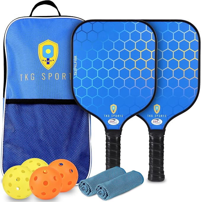 TKG Sports Pickleball Set with Bag - 2 14mm Honeycomb Core Paddles | 2 USAPA Approved Pickleball Paddles, 2 Indoor and 2 Outdoor Pickleball Balls, 2 Cooling Towels - Rackets for Adults and Teens