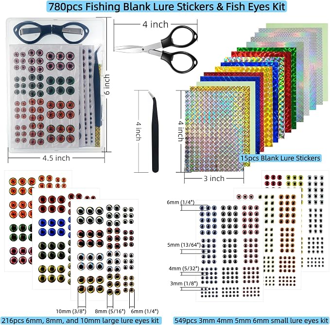 780pcs Fish Eyes & Fishing Blank Lure Stickers Kit for Unpainted Minnow Jerkbait Bodies Making Supplies DIY Craft Your Own Fishing Lure