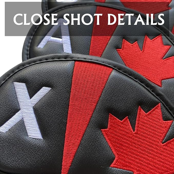 Canadian Flag Golf Iron Head Covers Headcovers Set Black Synthetic Leather Golf Iron Covers for Golf Clubs | 10Pack #4-9 Iron Covers, Aw, Sw, Pw, Xw Wedge Covers