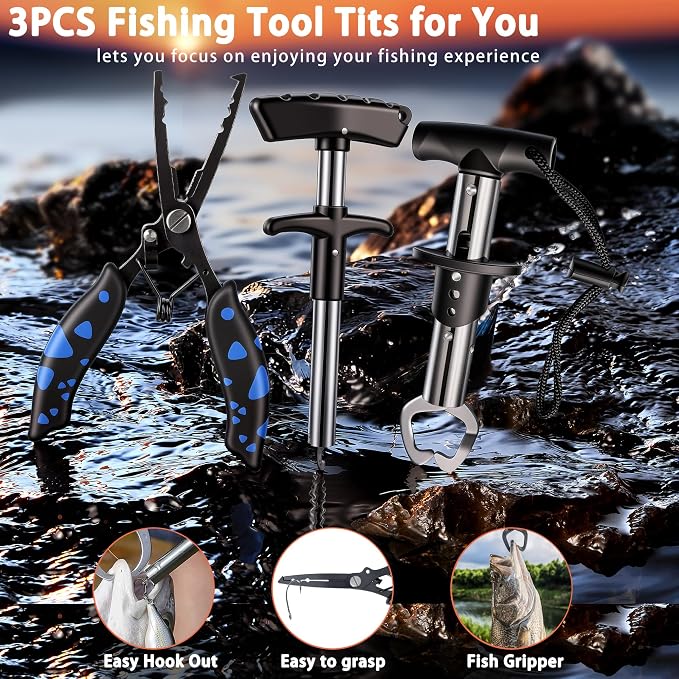 Fishing Backpack with Rod Holder and Tackle Boxes, Cooler, Large 50L Fishing Gear Bag with 139 Fishing Lures Kit, Fish Tool Set, Fish Gifts for Men Woman-Grey Backpack
