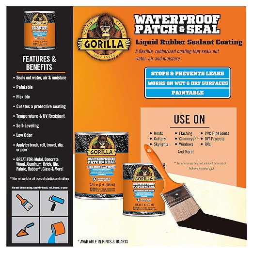 Gorilla Patch & Seal Liquid Rubber Waterproof Sealant, Black, 32 Ounce (Pack of 1) - Seals Out Water, Air, and Moisture