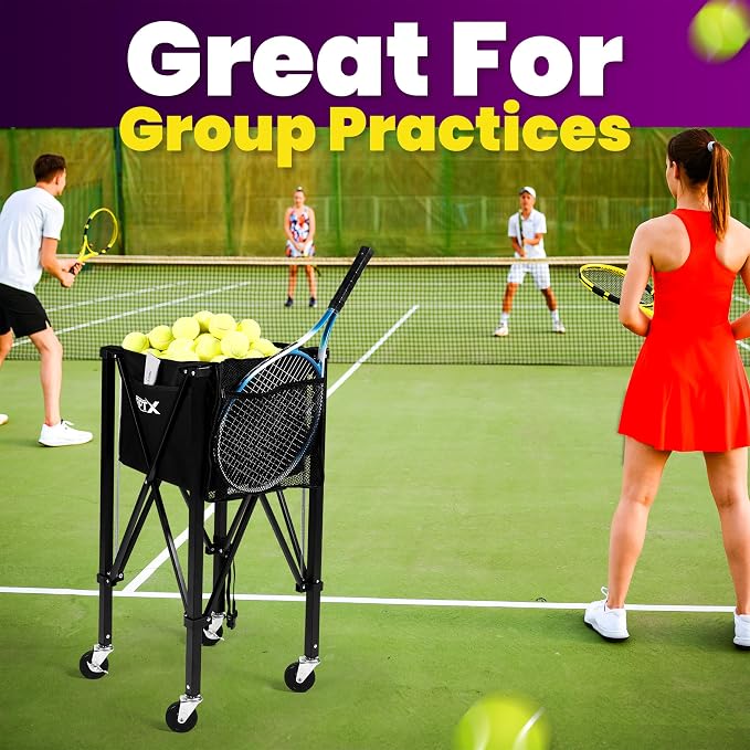 Tennis Ball Cart | Pickleball Ball Hopper | 150 Ball Capacity | Multiple Storage Pockets | Carrying Bag | Sturdy Pickleball Cart with Wheels | Ball Caddy for Practice & Training